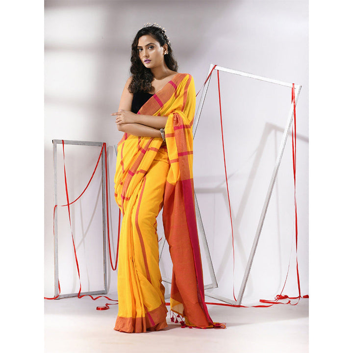 CHARUKRITI Yellow Cotton Stripe Designs Saree with Unstitched Blouse