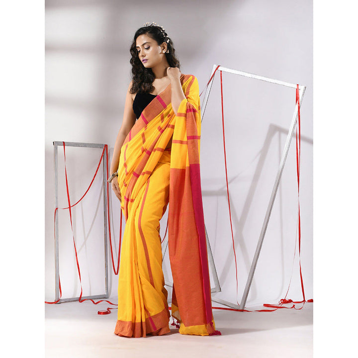 CHARUKRITI Yellow Cotton Stripe Designs Saree with Unstitched Blouse