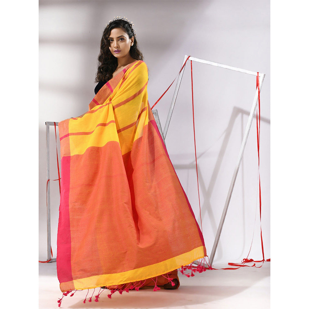 CHARUKRITI Yellow Cotton Stripe Designs Saree with Unstitched Blouse