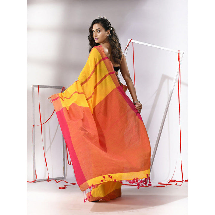 CHARUKRITI Yellow Cotton Stripe Designs Saree with Unstitched Blouse