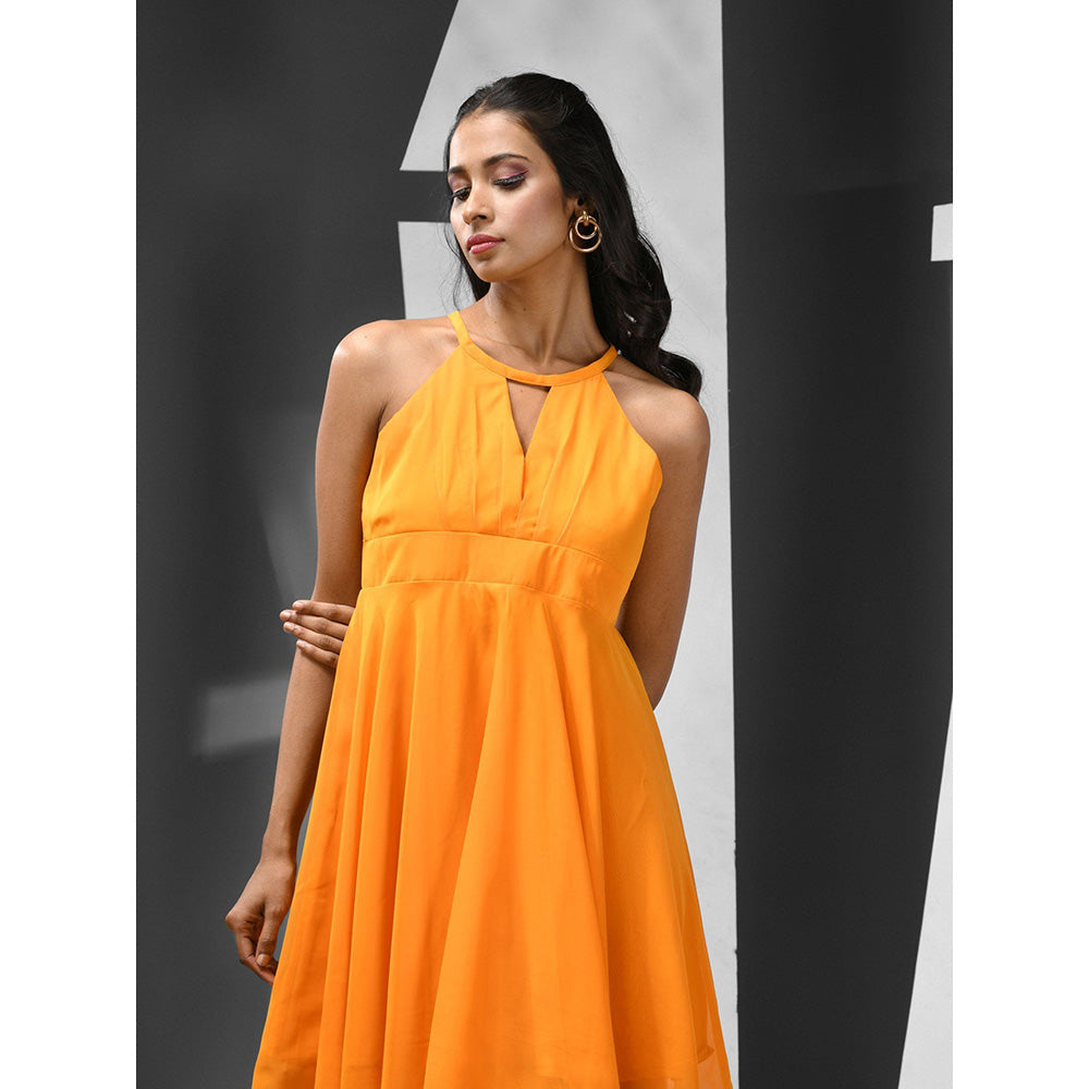 CHARUKRITI Bright Yellow Georgette Stitched Dress