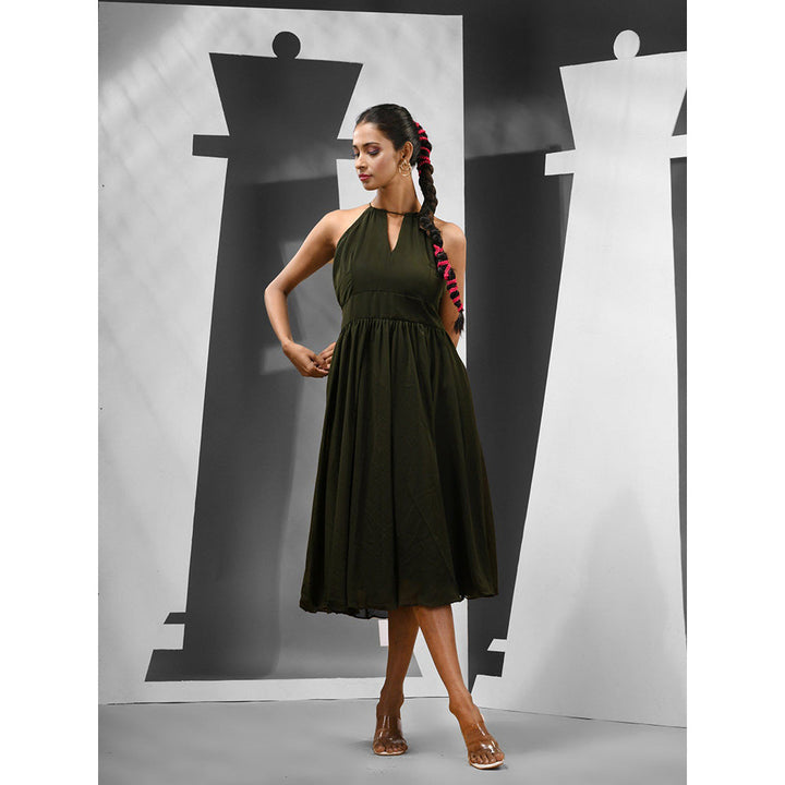 CHARUKRITI Forest Green Georgette Stitched Dress