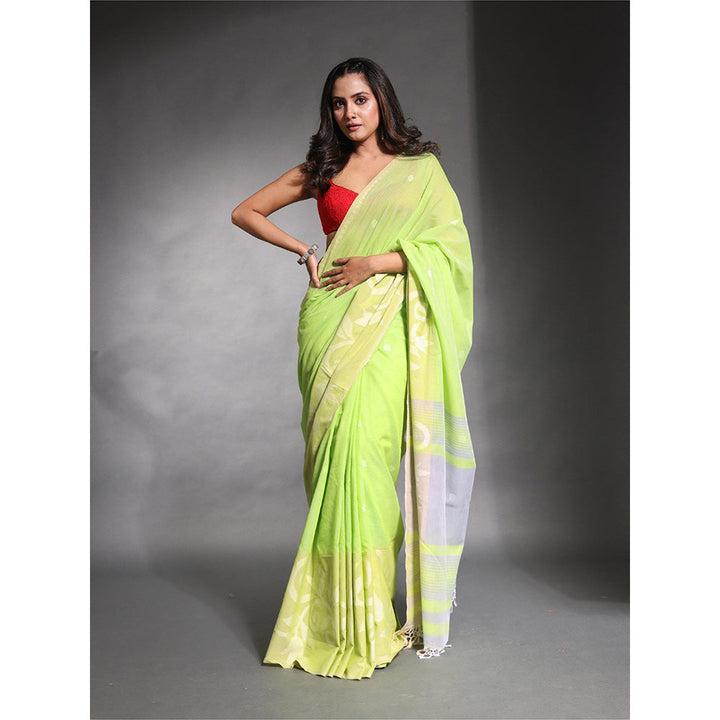 CHARUKRITI Lime Green Pure Cotton Soft Saree with Unstitched Blouse