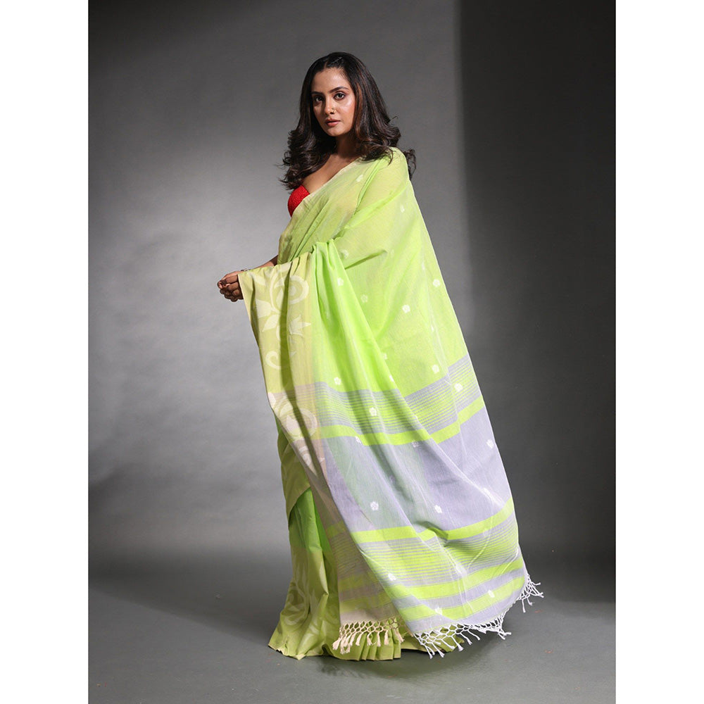 CHARUKRITI Lime Green Pure Cotton Soft Saree with Unstitched Blouse