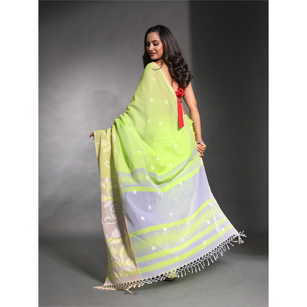 CHARUKRITI Lime Green Pure Cotton Soft Saree with Unstitched Blouse