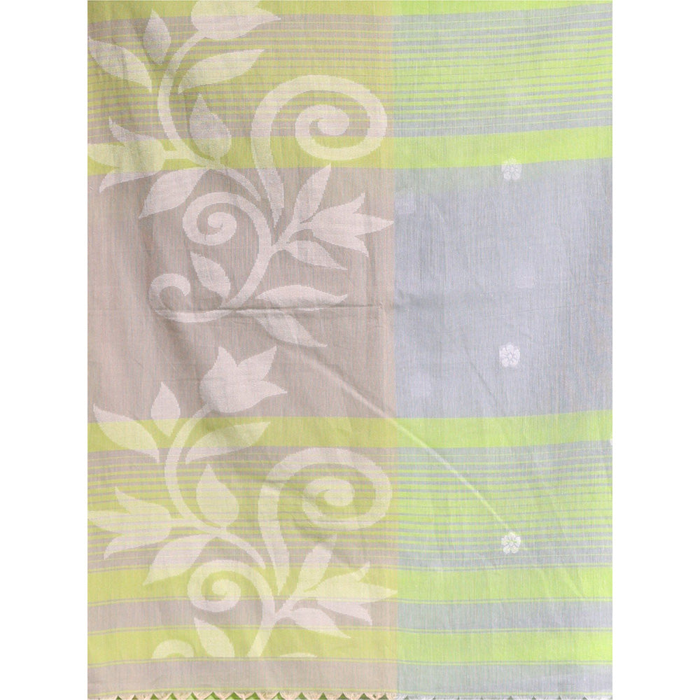 CHARUKRITI Lime Green Pure Cotton Soft Saree with Unstitched Blouse