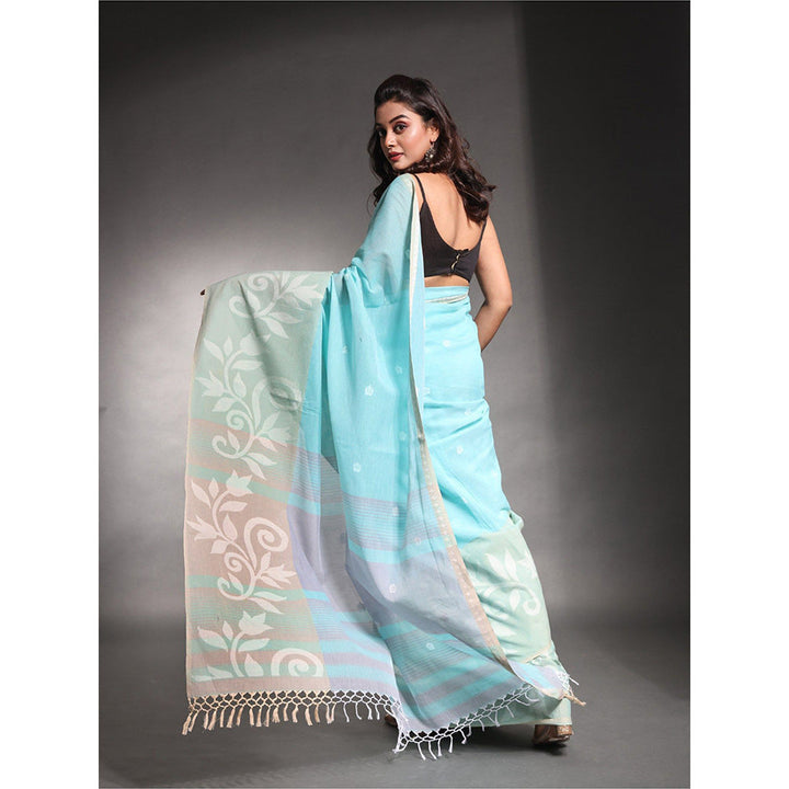 CHARUKRITI Blue Pure Cotton Soft Saree with Unstitched Blouse