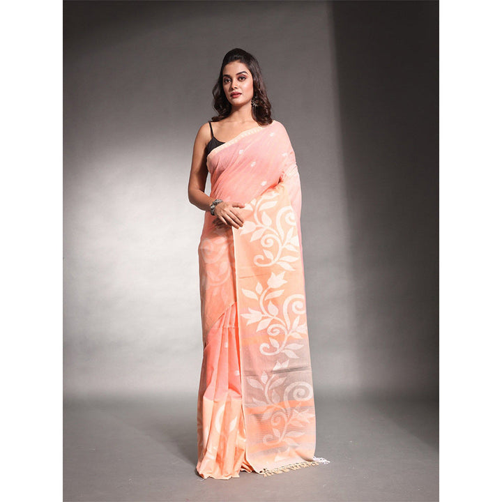 CHARUKRITI Peach Pure Cotton Printed Soft Saree with Unstitched Blouse