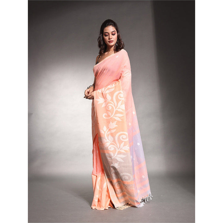 CHARUKRITI Peach Pure Cotton Printed Soft Saree with Unstitched Blouse