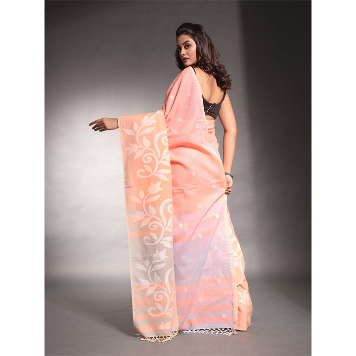 CHARUKRITI Peach Pure Cotton Printed Soft Saree with Unstitched Blouse