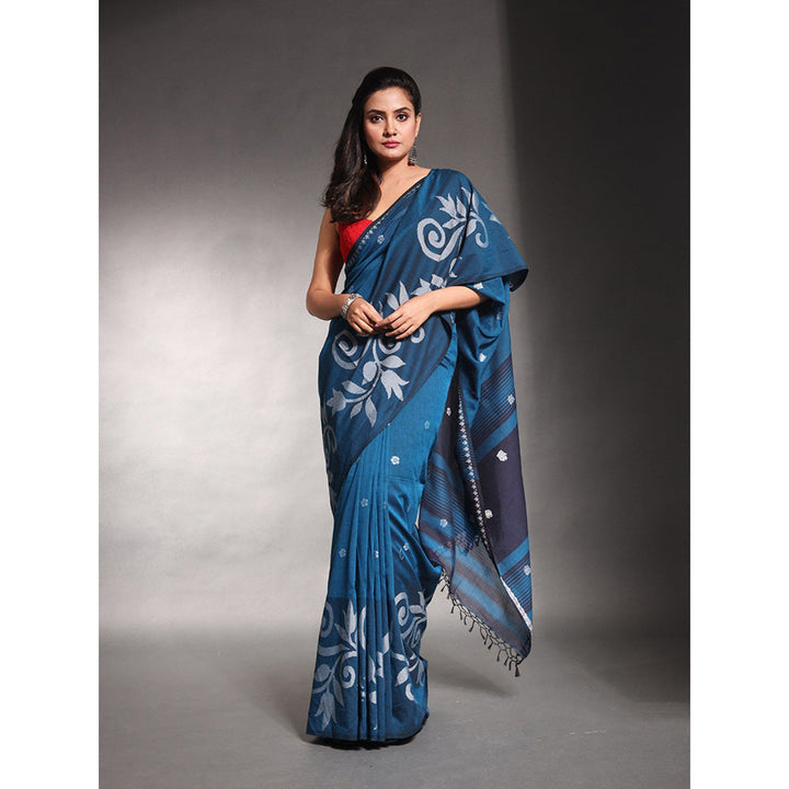 CHARUKRITI Teal Blue Pure Cotton Soft Saree with Unstitched Blouse