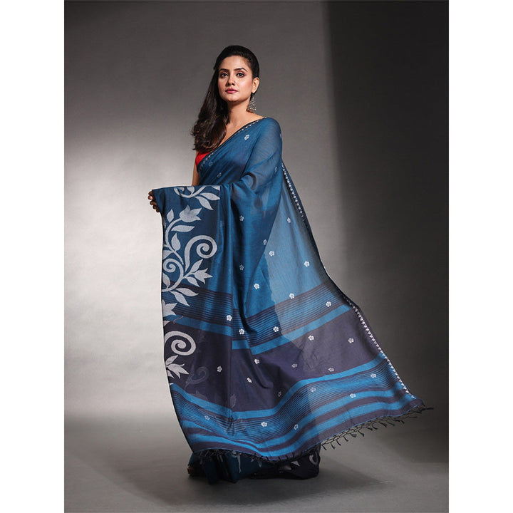 CHARUKRITI Teal Blue Pure Cotton Soft Saree with Unstitched Blouse