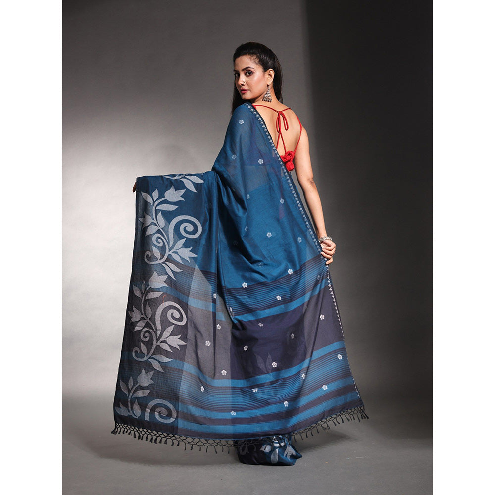 CHARUKRITI Teal Blue Pure Cotton Soft Saree with Unstitched Blouse