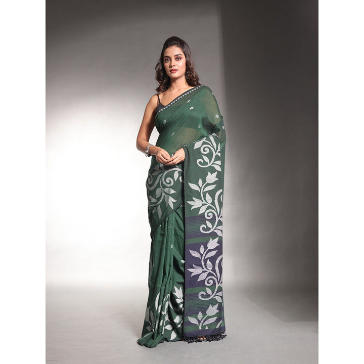 CHARUKRITI Dark Green Pure Cotton Soft Saree with Unstitched Blouse