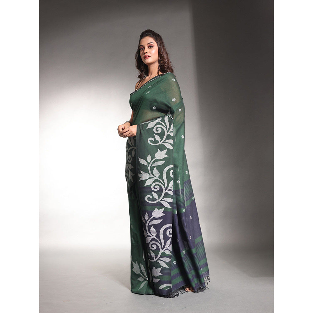 CHARUKRITI Dark Green Pure Cotton Soft Saree with Unstitched Blouse