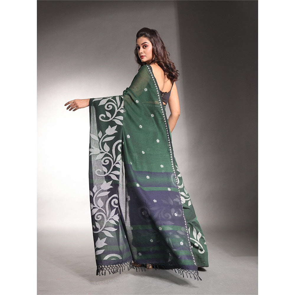 CHARUKRITI Dark Green Pure Cotton Soft Saree with Unstitched Blouse