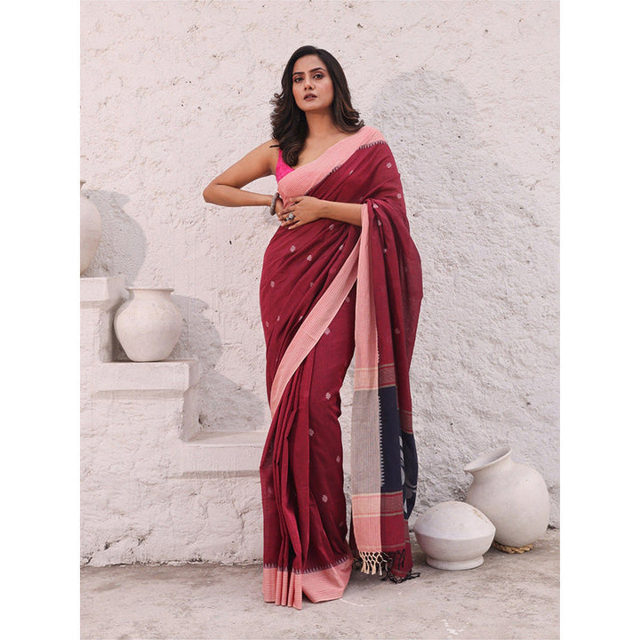 CHARUKRITI Dark Red Pure Cotton Temple Border Soft Saree with Unstitched Blouse