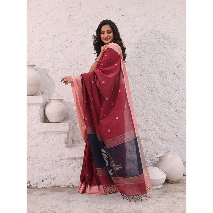 CHARUKRITI Dark Red Pure Cotton Temple Border Soft Saree with Unstitched Blouse