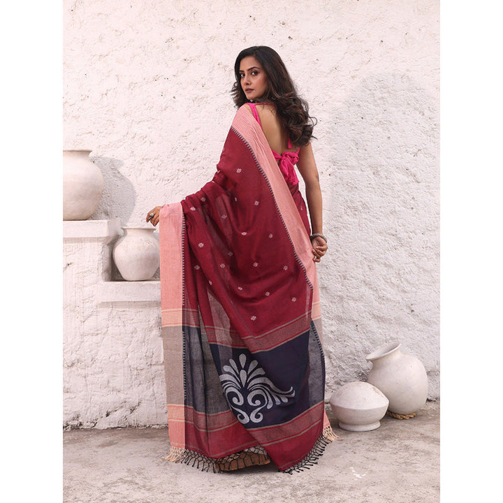 CHARUKRITI Dark Red Pure Cotton Temple Border Soft Saree with Unstitched Blouse