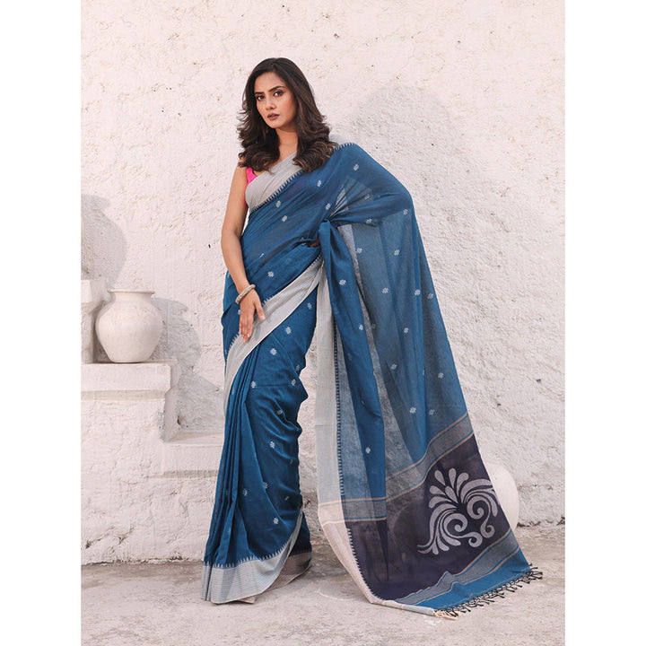 CHARUKRITI Teal Blue Pure Cotton Temple Border Soft Saree with Unstitched Blouse