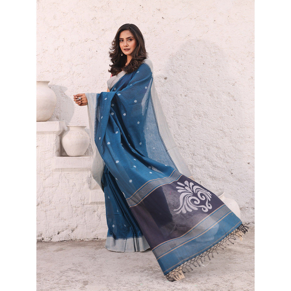 CHARUKRITI Teal Blue Pure Cotton Temple Border Soft Saree with Unstitched Blouse