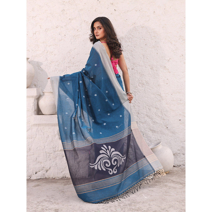 CHARUKRITI Teal Blue Pure Cotton Temple Border Soft Saree with Unstitched Blouse