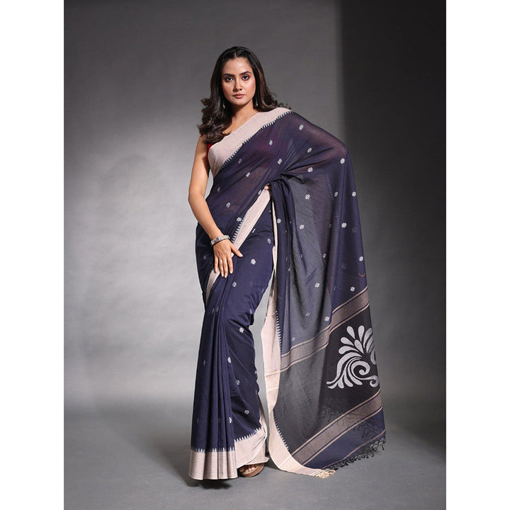 CHARUKRITI Navy Blue Pure Cotton Temple Border Soft Saree with Unstitched Blouse