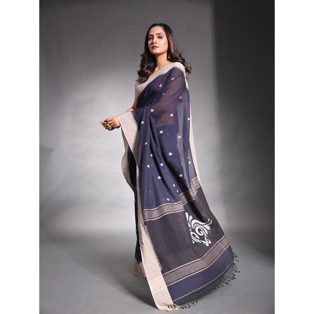 CHARUKRITI Navy Blue Pure Cotton Temple Border Soft Saree with Unstitched Blouse