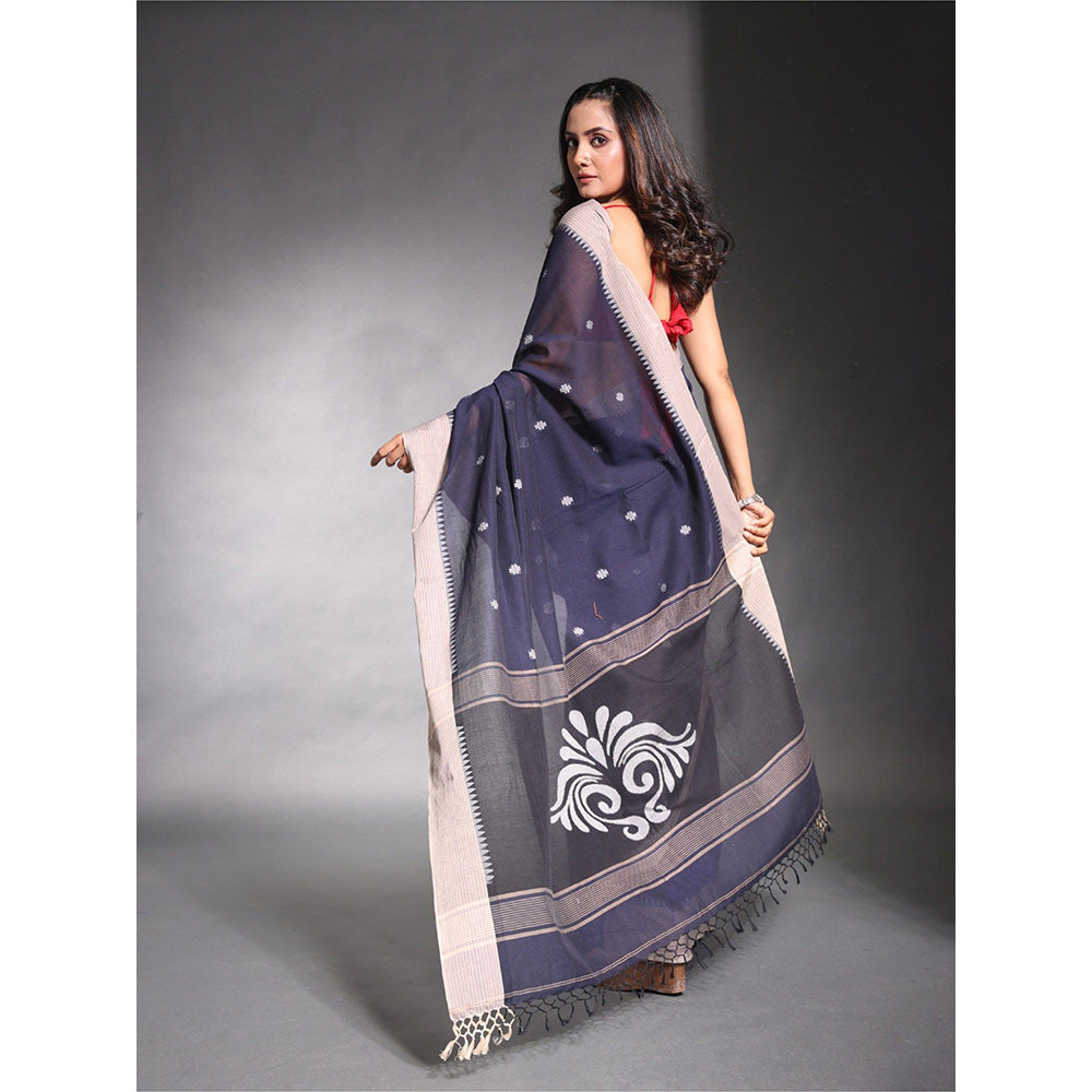 CHARUKRITI Navy Blue Pure Cotton Temple Border Soft Saree with Unstitched Blouse