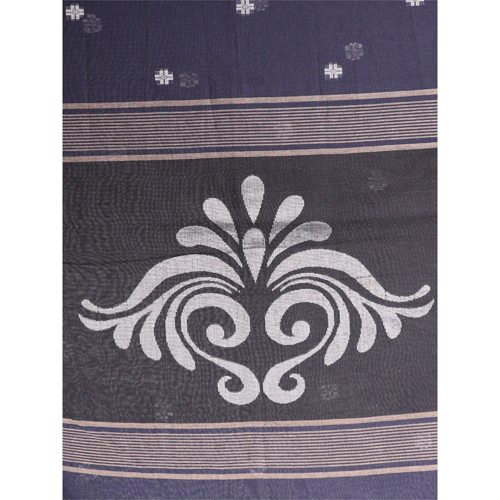 CHARUKRITI Navy Blue Pure Cotton Temple Border Soft Saree with Unstitched Blouse