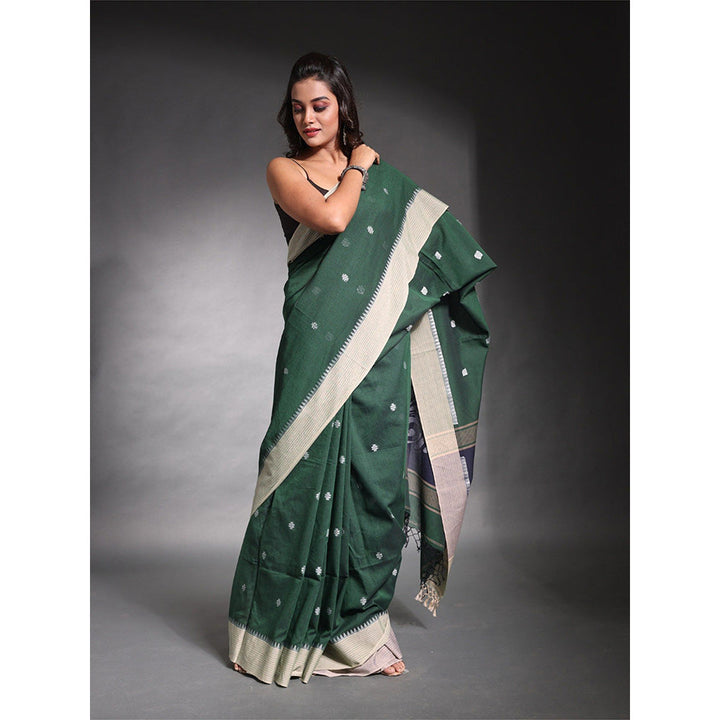 CHARUKRITI Dark Green Pure Cotton Temple Border Soft Saree with Unstitched Blouse