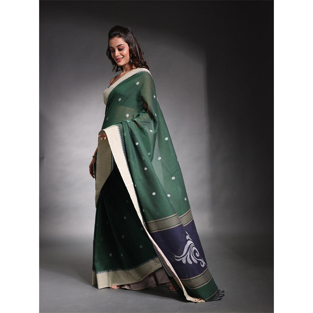 CHARUKRITI Dark Green Pure Cotton Temple Border Soft Saree with Unstitched Blouse