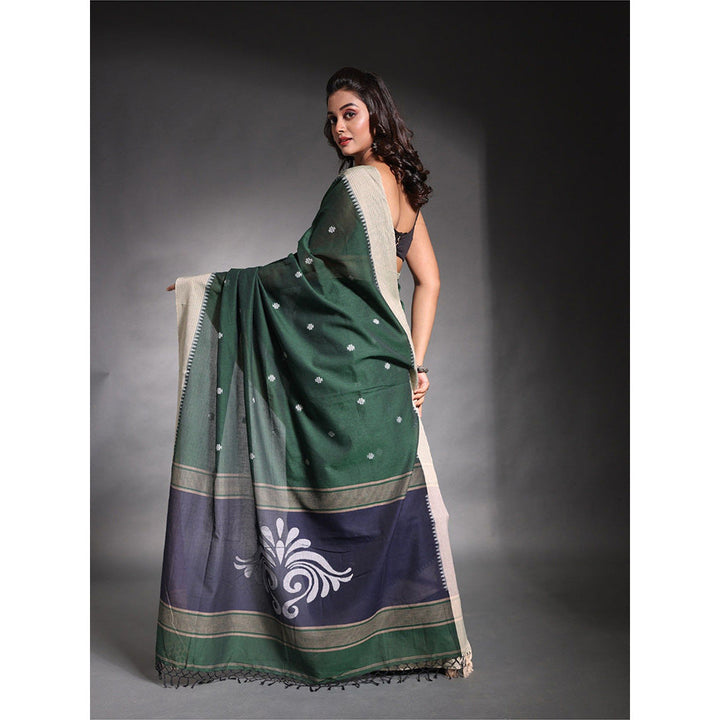 CHARUKRITI Dark Green Pure Cotton Temple Border Soft Saree with Unstitched Blouse