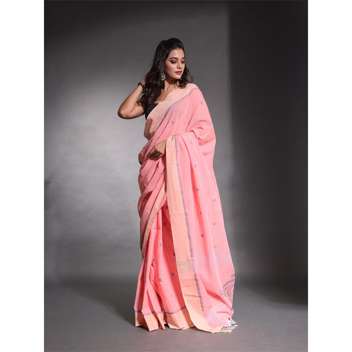 CHARUKRITI Peach Pure Cotton Temple Border Soft Saree with Unstitched Blouse