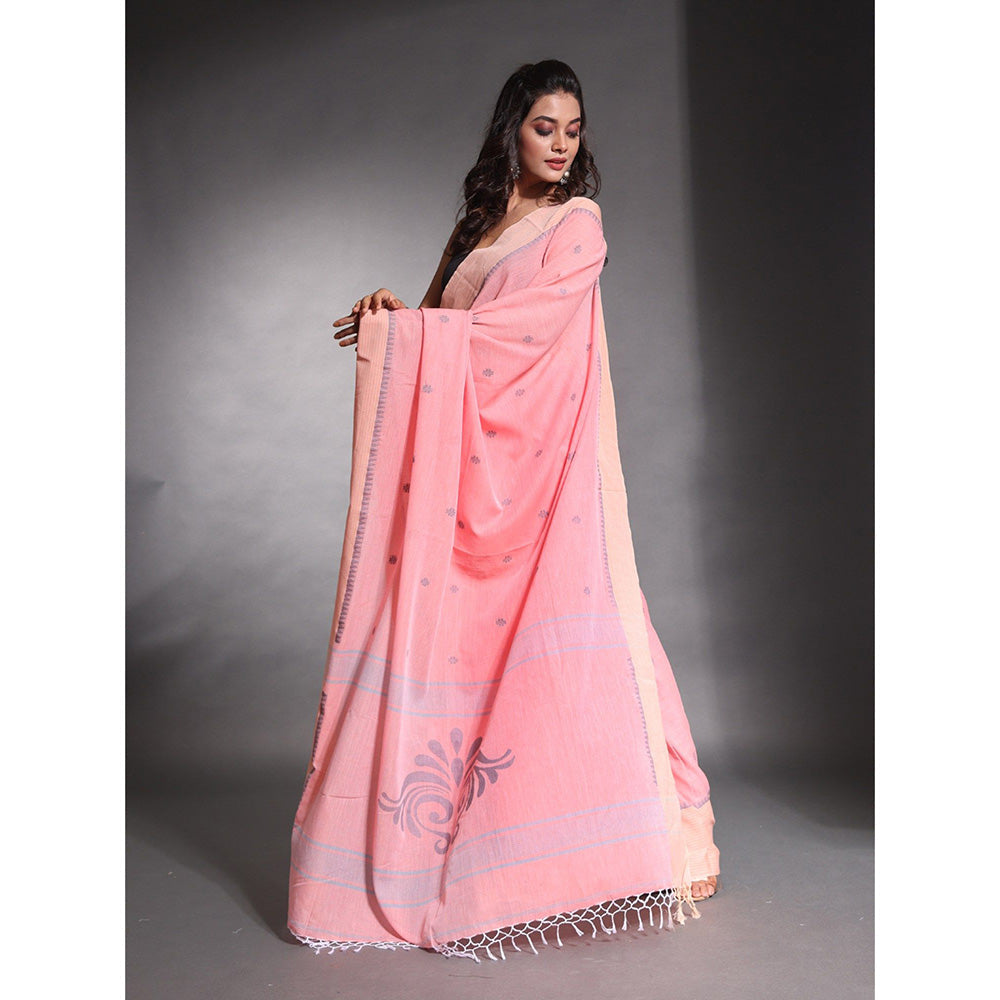 CHARUKRITI Peach Pure Cotton Temple Border Soft Saree with Unstitched Blouse