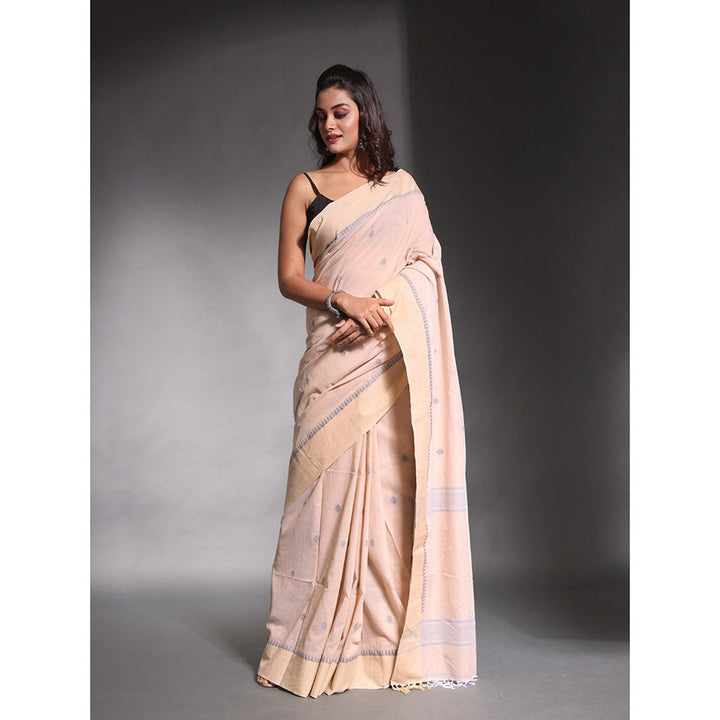 CHARUKRITI Ecru Beige Pure Cotton Temple Border Soft Saree with Unstitched Blouse