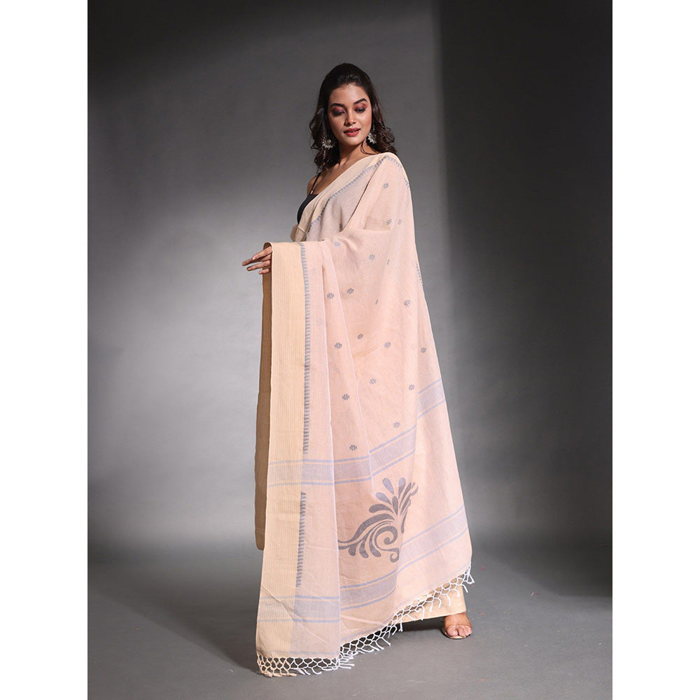 CHARUKRITI Ecru Beige Pure Cotton Temple Border Soft Saree with Unstitched Blouse