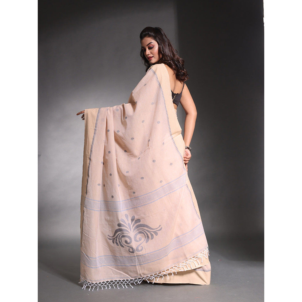 CHARUKRITI Ecru Beige Pure Cotton Temple Border Soft Saree with Unstitched Blouse