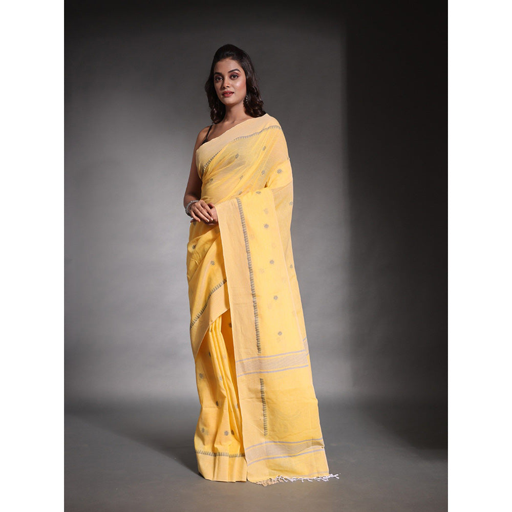 CHARUKRITI Light Yellow Pure Cotton Temple Border Soft Saree with Unstitched Blouse