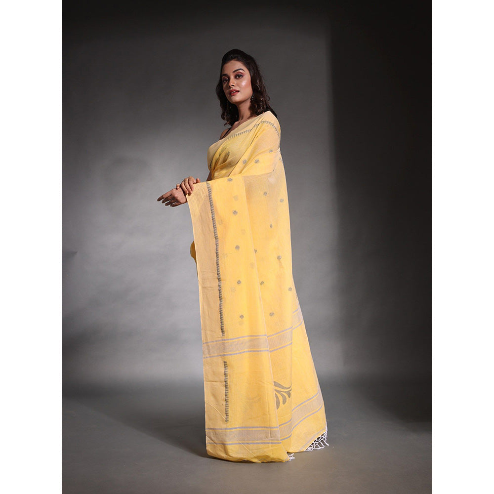 CHARUKRITI Light Yellow Pure Cotton Temple Border Soft Saree with Unstitched Blouse