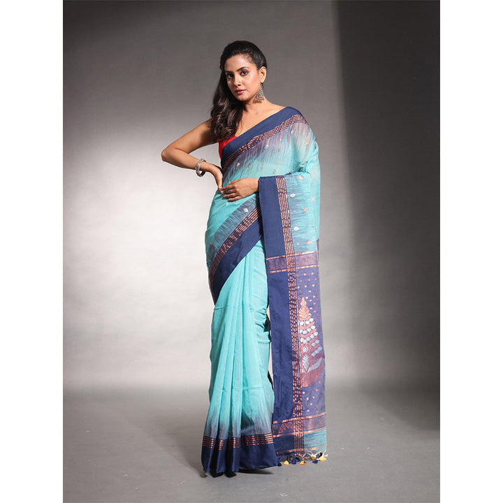 CHARUKRITI Sku Blue Cotton Ikkat Style Soft Saree with Unstitched Blouse