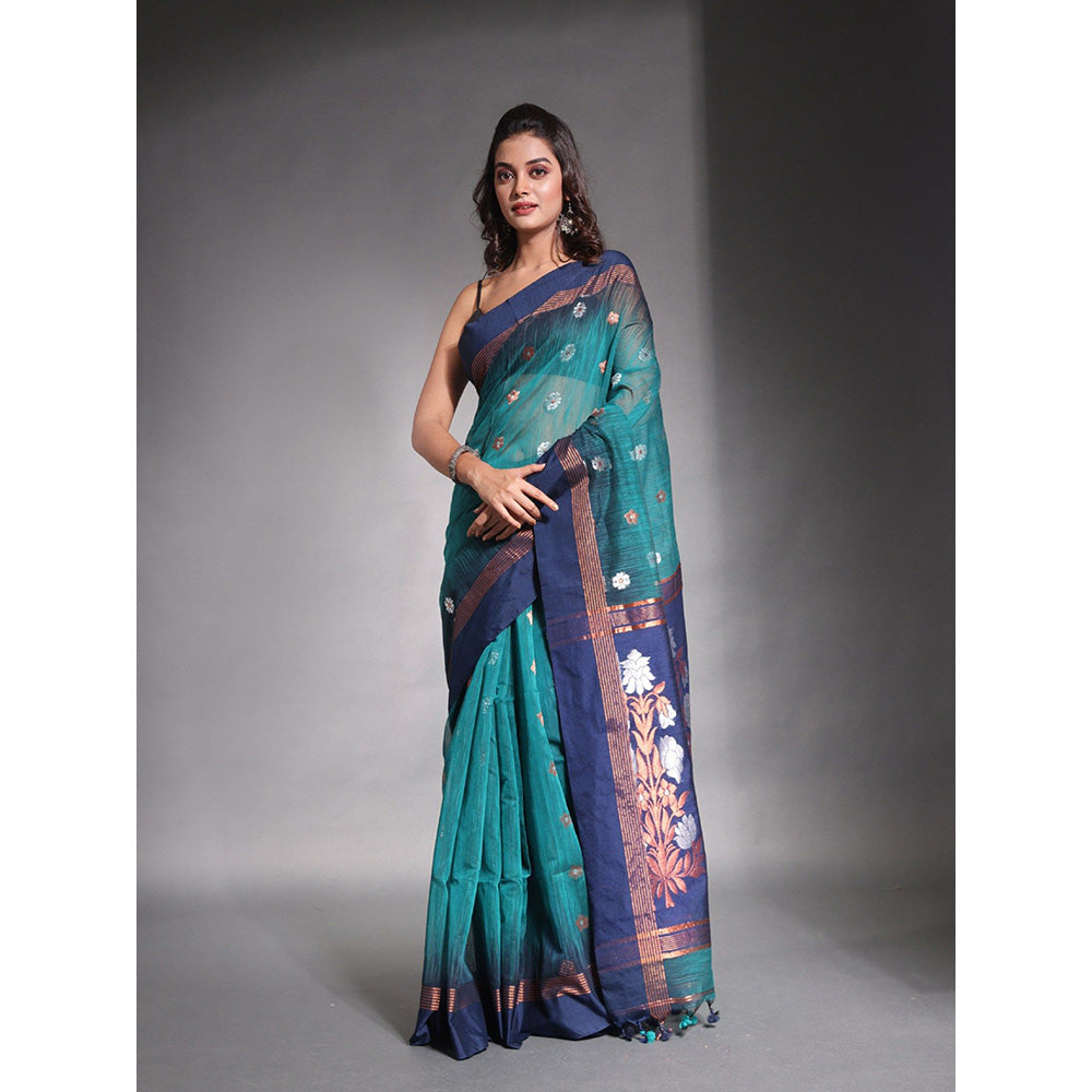 CHARUKRITI Teal Cotton Floral Style Soft Saree with Unstitched Blouse