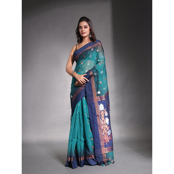 CHARUKRITI Teal Cotton Floral Style Soft Saree with Unstitched Blouse