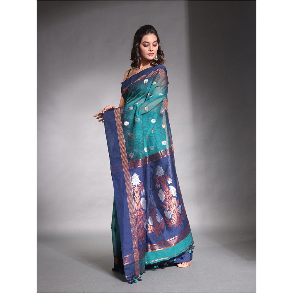 CHARUKRITI Teal Cotton Floral Style Soft Saree with Unstitched Blouse