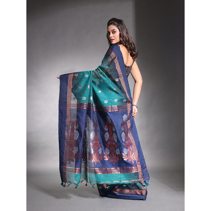 CHARUKRITI Teal Cotton Floral Style Soft Saree with Unstitched Blouse