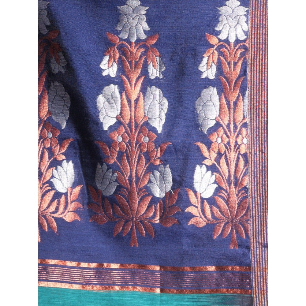 CHARUKRITI Teal Cotton Floral Style Soft Saree with Unstitched Blouse