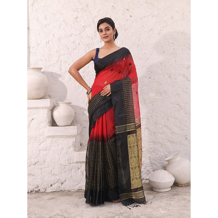 CHARUKRITI Red Cotton Ikkat Style Soft Saree with Unstitched Blouse