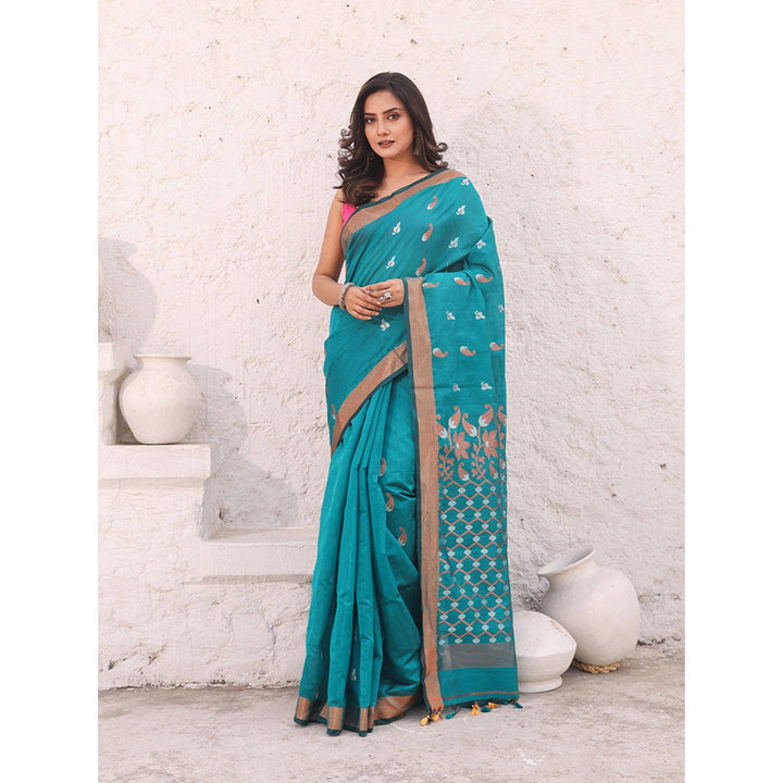 CHARUKRITI Teal Cotton Zari Border Saree with Unstitched Blouse