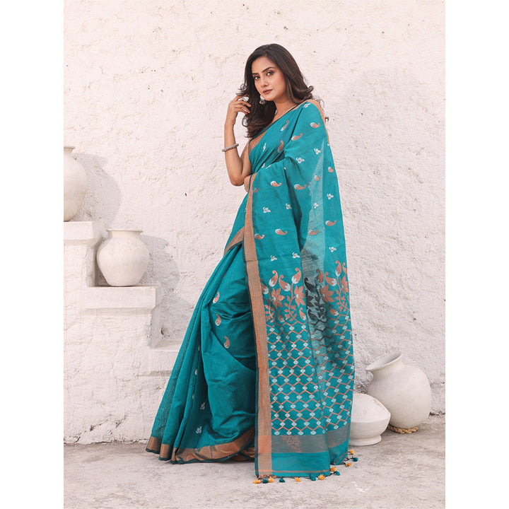 CHARUKRITI Teal Cotton Zari Border Saree with Unstitched Blouse