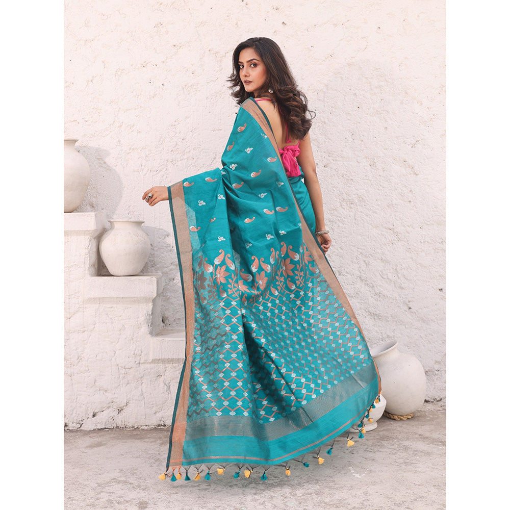 CHARUKRITI Teal Cotton Zari Border Saree with Unstitched Blouse